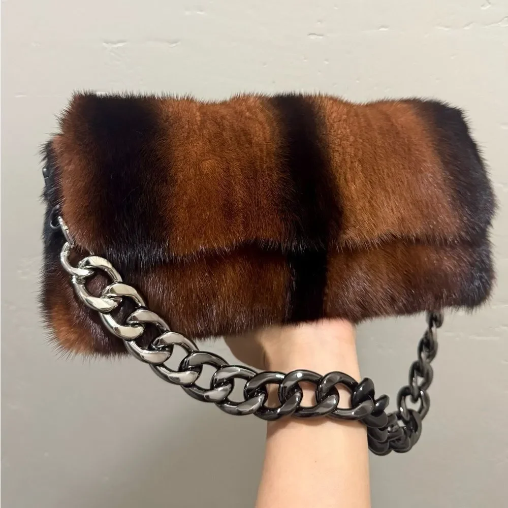 Brown Gradient Real Mink Fur Handmade Baguette Shoulder Bag, Multi Use Style